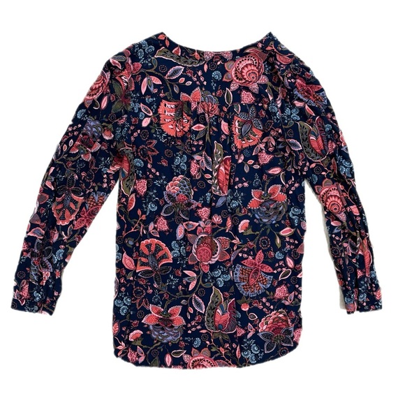Ann Taylor LOFT Split Neck Navy Coral Boho Floral Long Sleeve Blouse Women Sz S - Picture 4 of 8